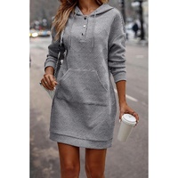 Gray Textured Kangaroo Pocket Drawstring Hooded Mini Dress - XL