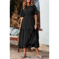 Black Puff Sleeve Pleated High Waist Flowy Long Dress - M