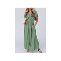Grass Green Textured V Neck Flutter Sleeve Ruffled Maxi Dress - 2XL
