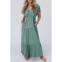 Green Textured V Neck Flutter Sleeve Ruffled Maxi Dress - S