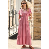 Rose Pink Textured V Neck Flutter Sleeve Ruffled Maxi Dress - 2XL