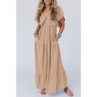 Parchment Textured V Neck Flutter Sleeve Ruffled Maxi Dress - 2XL