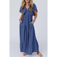 Navy Blue Textured V Neck Flutter Sleeve Ruffled Maxi Dress - M