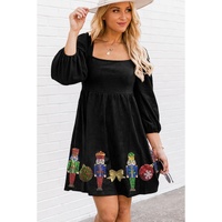 Black Sequined Christmas Nutcracker Square Neck Mini Dress - L