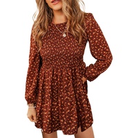 Brown Floral Smocked Bodice Mini Dress - L