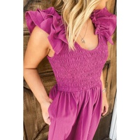 Rose Red Solid Color Ruffled Straps Smocked Ruched Maxi Dress - L