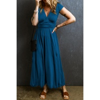 Peacock Blue Short Sleeve Shirred High Waist V Neck Maxi Dress - M
