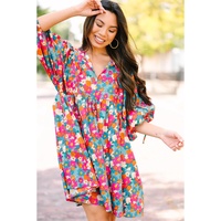 Sky Blue Floral Print Tie Split Neck Bubble Sleeve Babydoll Dress - M