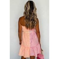 Pink Stripe Color Block Smocked Button Front Frilled Strapless Mini Dress - L