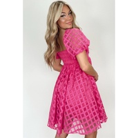 Strawberry Pink Checkered Puff Sleeve Babydoll Dress - S