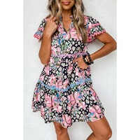 Pink Leopard Floral Print Wavy Embellished Mini Dress - S