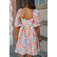 Pink Summer Floral Square Neck Puff Sleeve Babydoll Dress - L