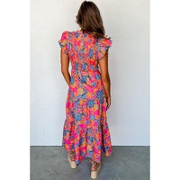 Rose Red Boho Floral V Neck Ruffle Tiered Long Dress - XL