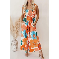 Orange Floral Self Tied Straps Smocked Bust Maxi Dress - L