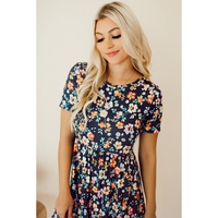 Blue Short Sleeve A-line Floral Dress - XL