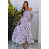 Purple Floral Short Bubble Sleeve Shirred High Waist Maxi Dress - XL