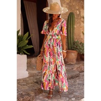 Pink Boho Tie-dye Print V Neck Maxi Dress - M