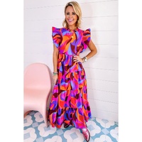 Orange Abstract Printed High Waist Ruffle Tiered Long Dress - L
