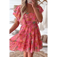 Pink Floral Square Neck Ruffle Sleeve Tiered Dress - L