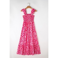 Pink Leopard Ruffle Straps Smocked High Waist Long Dress - L