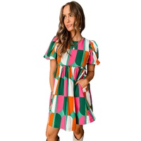Green Abstract Print Puff Sleeve Short Dress - M