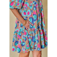 Green Leopard Print Bubble Sleeve Slit Neck Ruffled Dress - XL