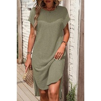 Jungle Green Waffle Texture Curved Hem Side Slit T-shirt Dress - S