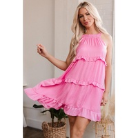 Pink Smocked Neck Knot Back Frilly Tiered Sleeveless Mini Dress - L