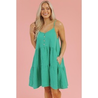 Sea Green Textured Buttoned Thin Strap Tiered Loose Fit Mini Dress - L