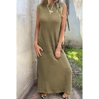 Jungle Green Waffle Knit Sleeveless Long Dress with Slits - L