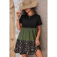 Jungle Green Leopard Print Colorblock Frill Trim T-shirt Dress - S