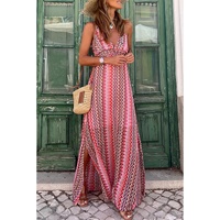 Red Halter Neck Tribal Boho Printed Backless Maxi Dress - XL