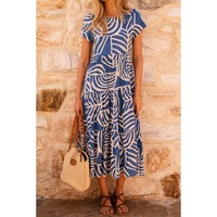 Sky Blue Boho Printed Short Sleeve Flare Tiered Dress - M