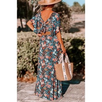 Sky Blue Floral Knotted Back Square Neck Maxi Dress - S