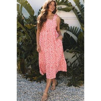 Pink Geometric Print Knot Back Sleeveless Ruffle Hem Dress - L