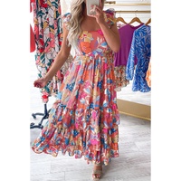 Pink Floral Print Sleeveless Ruffle Tiered Maxi Dress - L