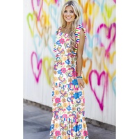 Rose Red Striped Trim Self-tie Straps Floral Maxi Dress - M