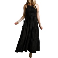 Black Spaghetti Straps Smocked Pleated Tiered Maxi Dress - M