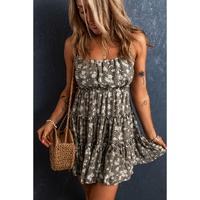 Green Tie Straps Frilly Tiered Short Floral Dress - L