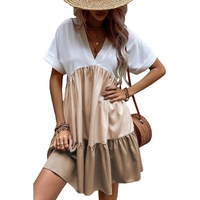 Light French Beige Triple Colors V Neck Folded Cuffs Tiered Loose Dress - L