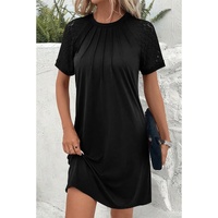 Black Contrast Lace Raglan Sleeve Pleated Detail Shift Dress - S