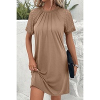 Light French Beige Contrast Lace Raglan Sleeve Pleated Detail Shift Dress - L