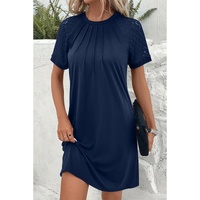 Navy Blue Contrast Lace Raglan Sleeve Pleated Detail Shift Dress - M