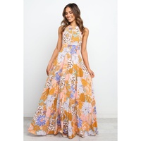 Orange Boho Floral Backless Lace up Sleeveless Maxi Dress - L