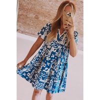 Blue Ricrac Trim Split Neck Floral Loose Dress - L