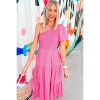 Strawberry Pink Asymmetric Puff Sleeve Smocked Bodice Tiered Midi Dress - L