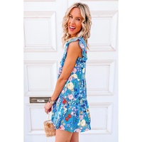 Sky Blue Floral Flutter Sleeve V Neck Ruffled Dress - L