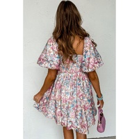 Pink Floral Puff Sleeve Square Neck Smock Ruffled Dress - L