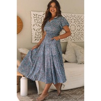 Blue Printed V Neck Shirred Short Puff Sleeve Maxi Dress - S