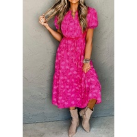 Rose Red Floral Print Pleated Drawstring Flowy Midi Dress - L